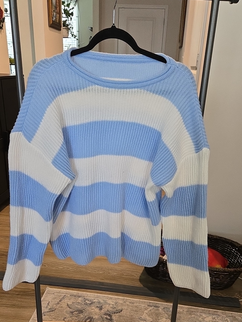 SHEIN Light Blue & White Striped Crewneck Sweater